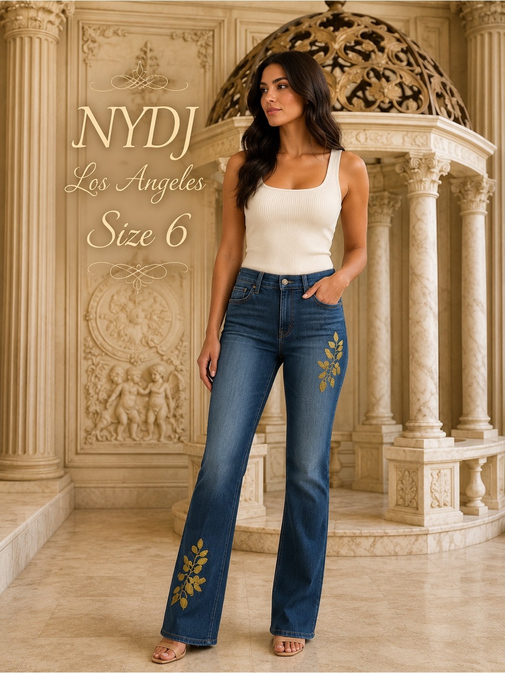 NYDJ Los Angeles Embroidered Bootcut Jeans Size 6 Gold Floral Denim Lift Tuck